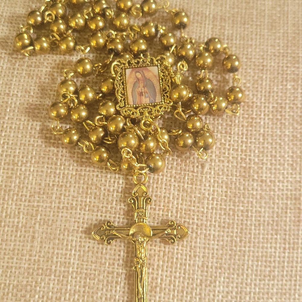 Gold Tone Our Lady of Guadalupe Rosary Necklace 26 Inch Catholic Prayer Beads